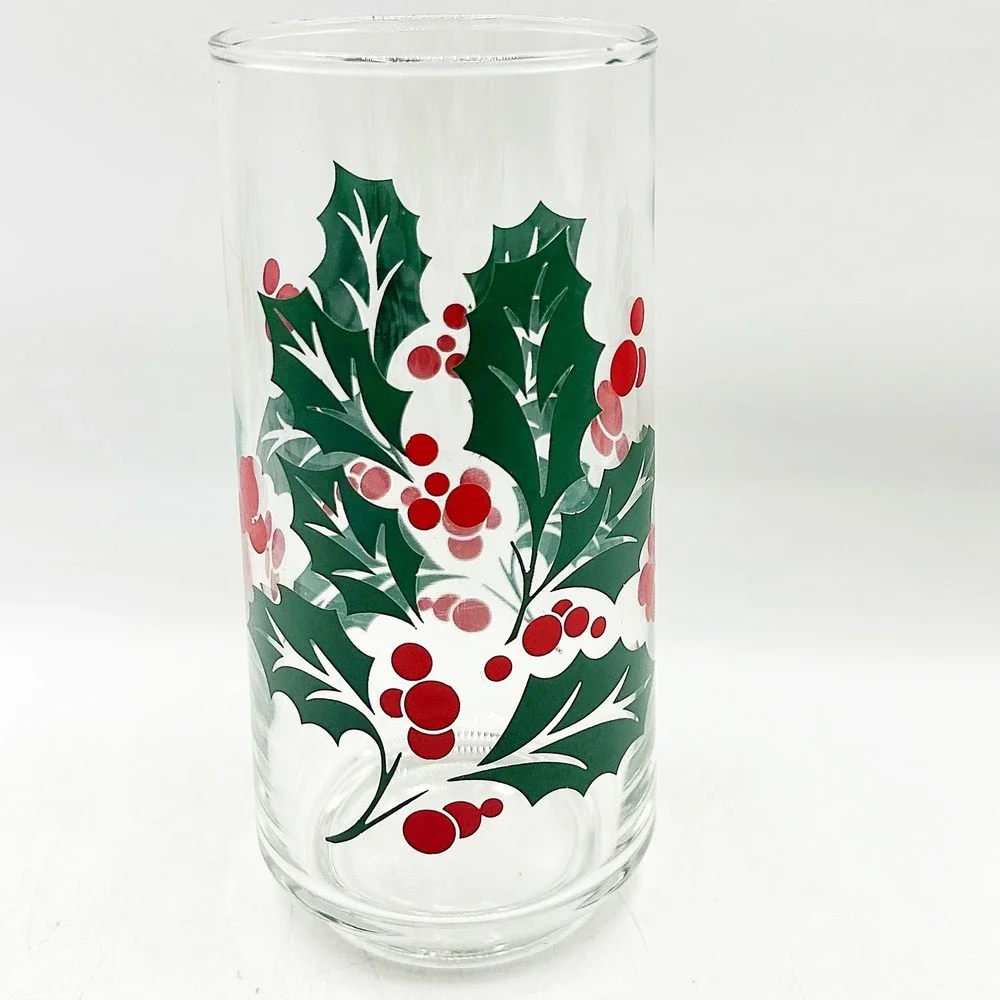 Vintage‎ Christmas Holly Berry Clear Glass Tumbler